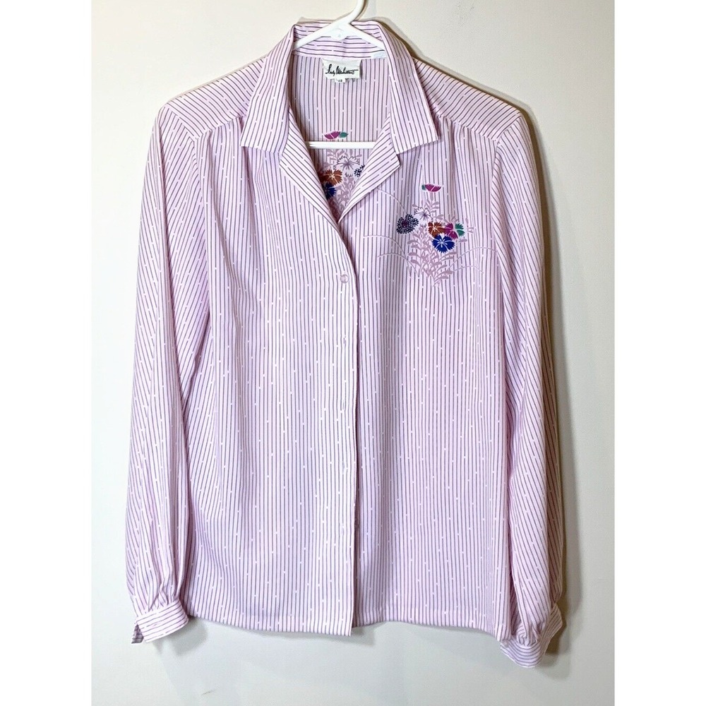 Lady Manhattan Blouse Womens 12 Large Vintage 1970s Pink Striped Flowers FLAW